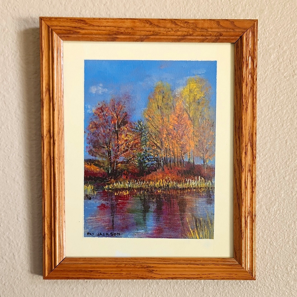 Original Pat Jackson Landscape Oil Painting Autumn Fall Forest Reflection Framed